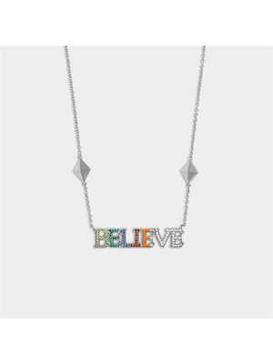 Rhodium Plated Brass Rainbow Believe Script Necklace