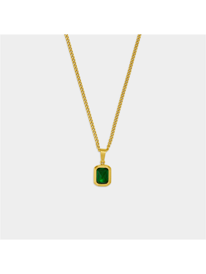 Stainless Steel 18ct Gold Plated Waterproof Figaro chain with emerald CZ tube pendant