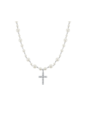Pearl with CZ Cross Pendant Necklace