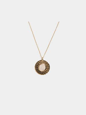 18ct Gold Plated Hammered Disk with CZ Center Pendant on Chain