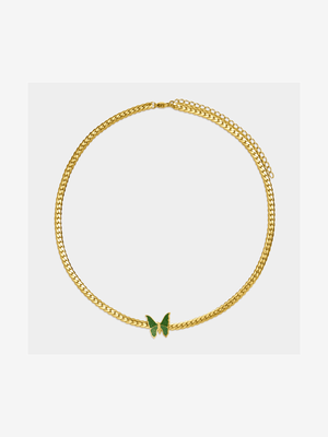 Stainless Steel 18ct Gold Plated Waterproof flat curb with green butterfly necklace