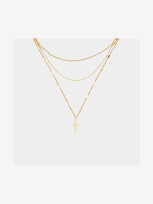 Stainless Steel Premium Gold plated triple layered neckpiece with cross
