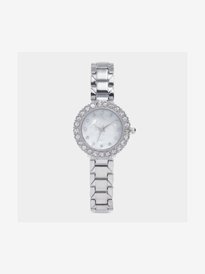 Women's Silver Round Diamante Watch