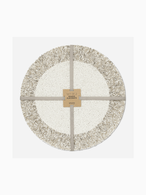 Beaded Placemat Circle Silver 35cm 2pack