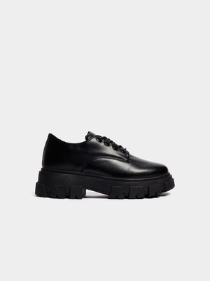 Women's Black Chunky Patent Lace Up Manstyle Shoe