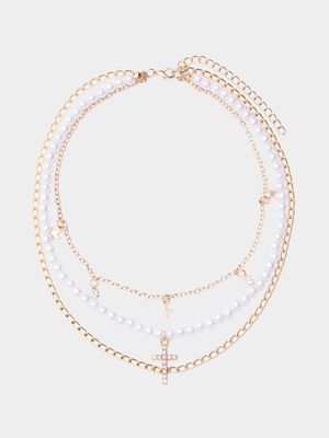 Women's 3 Layered Gold Pearl Cross & Star chain