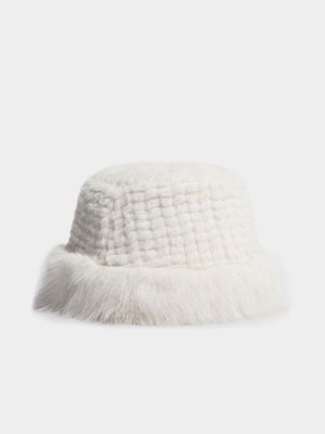 Women's White Faux Fur Bucket Hat