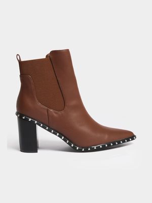 Women's Brown Studded Pointy Heeled Boots