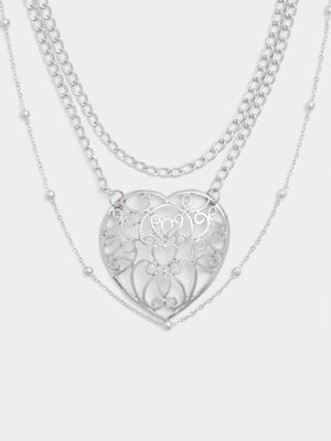 Women's Silver 3 Layer Chunky Heart Necklace