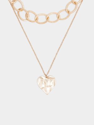 Women's Gold Hammered Heart Layered Chain