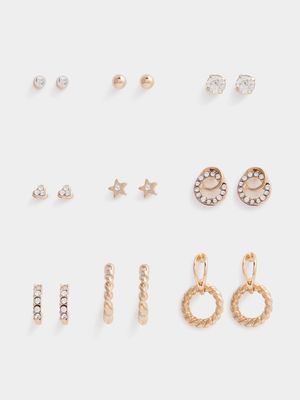 Jet Women's 9PK Gold Diamante & Stud Twisted Hoop Earrings