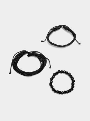 Multi 3 Pack Woven & Beaded Black Faux Leather Bracelet set
