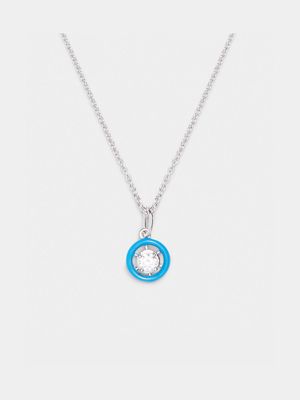 Rhodium Plated Brass Chain with CZ & Blue Enamel Pendant