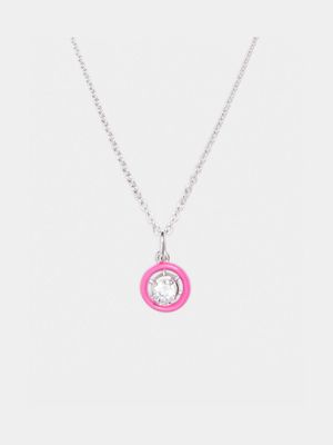 Rhodium Plated Brass Chain with CZ & Pink Enamel Pendant