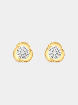 Yellow Gold, Cubic Zirconia  Petal Stud Earrings