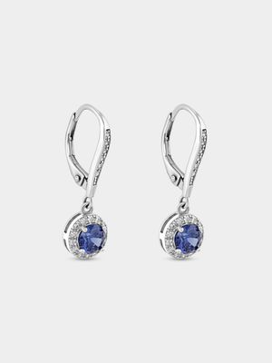 Sterling Silver Tanzanite Blue Cubic Zirconia Round Halo Drop Earrings
