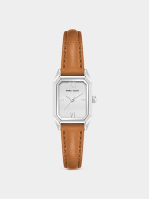 Anne Klein Women's Silver Plated & Brown Leather Octagon Watch