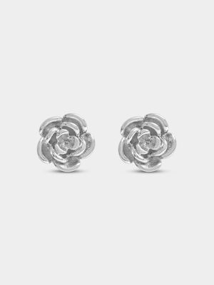 Rhodium Plated Rose Stud Earrings