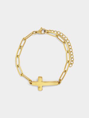 Stainless Steel 18ct Gold Plated Waterproof Large Cross Open Link Bracelet