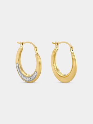 Yellow Gold & Sterling Silver  Crystal Round Creole Hoop Earrings