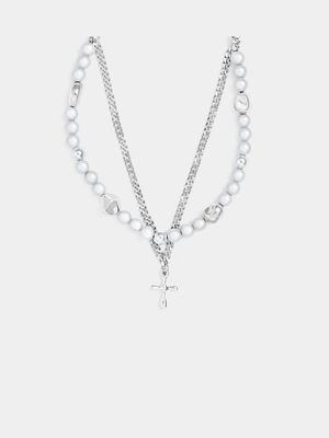 Stainless Steel Tarnish Proof Pearl & Cross Double Chain