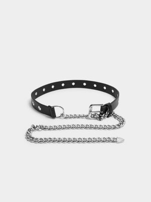 Silver Chain & Black Faux Leather Belt