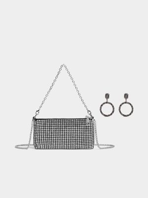 Diamante Handbag with Chain Strap & Earrings Set