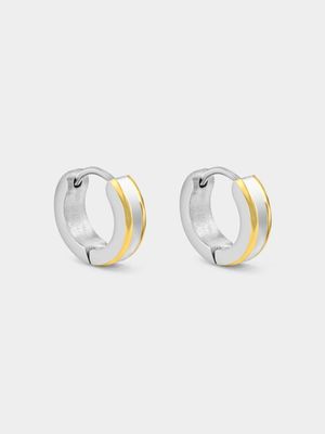 Stainless Steel Gold Plated Striped Edge Huggie Earrings