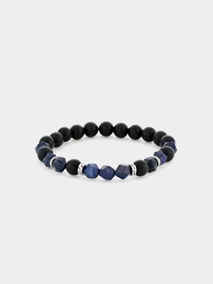 Stainless Steel Black Agate & Blue Lapis Bead Bracelet