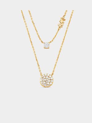 Michael Kors Kors Brilliance Collection Gold Plated Sterling Silver Double Layered Pavé Disk Necklace