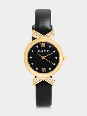Gold Stone Detail with Black Strap Analogue Watch