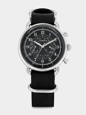 Tempo Premium Silver Plated Black Dial Black Leather Watch