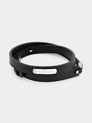 Diesel Black Leather & Stainless Steel Stackable Bracelet