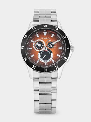 Tempo Silver Plated Orange & Black Dial Bracelet Watch