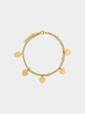 18ct Gold Plated Waterproof Stainless Double Chain with Heart Charms Anklet