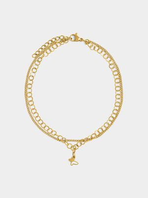 18ct Gold Plated Waterproof Stainless Double Chain with Butterfly Charm Anklet