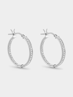 White Gold and Sterling Silver Crystal Hoop Earrings