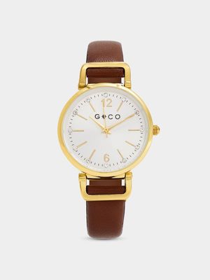 Ladies Gold with Tan Faux Leather Strap Watch