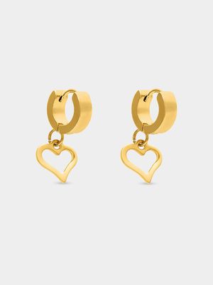 Stainless Steel Gold Dangling Open Heart Huggie Earri