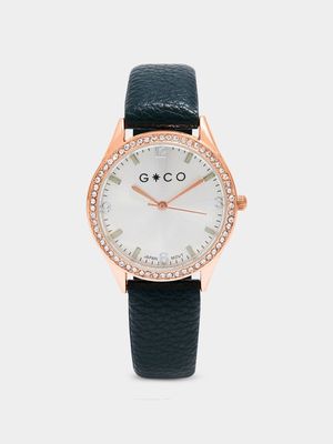 Ladies Rose Gold with Green Faux Leather Strap Watch