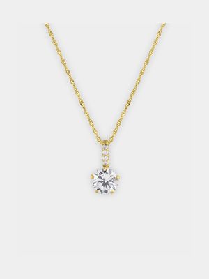 Yellow Gold Cubic Zirconia Bale Solitaire Pendant on a Sterling Silver and Gold Chain