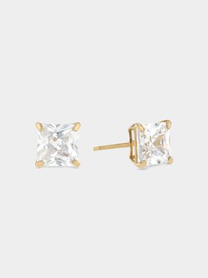 Yellow Gold, Cubic Zirconia Square-Cut Stud Earrings