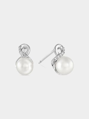 Cheté Sterling Silver Freshwater Pearl & Cubic Zirconia Infinity Stud Earrings