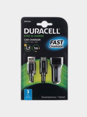 Duracell 2.4A Car Charger + 1m Type A/C USB3 Cable W