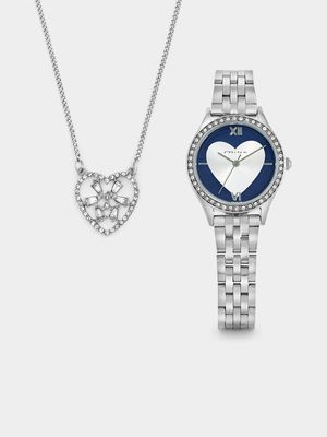 Minx Silver Plated Blue Heart Bracelet Watch & Pendant Gift Set