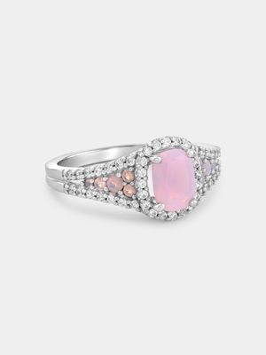 Sterling Silver Pink Moonstone Nanogem Cushion Halo Women’s Ring
