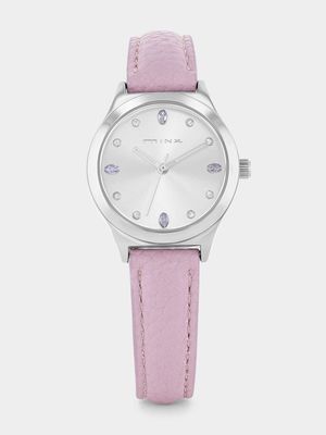 Minx Silver Plated Silver Dial Lilac Faux Leather Watch
