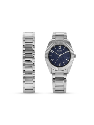 Tempo Men’s Silver Tone Blue Dial Bracelet Watch Set