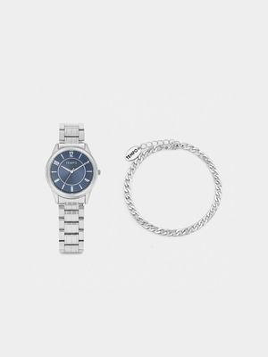 Tempo Silver Plated Navy Dial Bracelet Watch & Bracelet Set