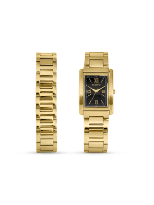 Tempo Men’s Gold Tone & Black Dial Rectangle Bracelet Watch Set